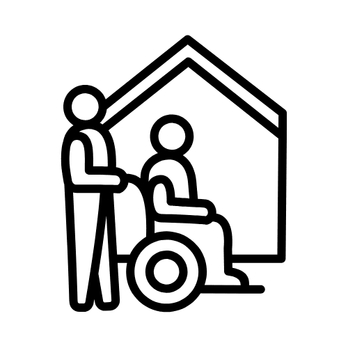 Line icon of a caregiver standing behind an older adult in a wheelchair inside a house outline, symbolizing assisted-living support.