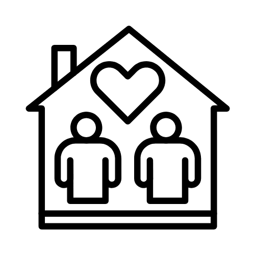 Line icon of two residents inside a house with a heart overhead, symbolizing a caring Residential Care community.