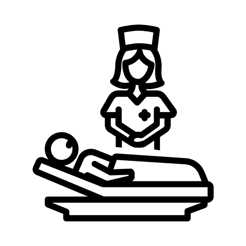 Line icon of a nurse standing behind a patient in a hospital bed, symbolizing skilled-nursing and rehabilitation referrals.