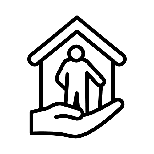 Outline icon showing a person inside a house that rests in an open hand, symbolizing safe, supportive independent living.