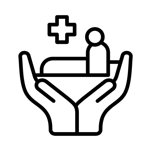 Line icon of two residents inside a house with a heart overhead, symbolizing a caring senior-living community.