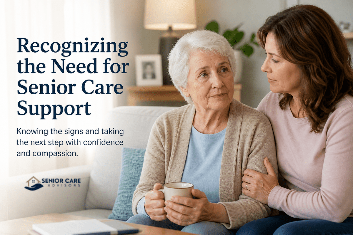 Senior care support conversation between an adult daughter and her elderly mother at home, discussing care needs with compassion